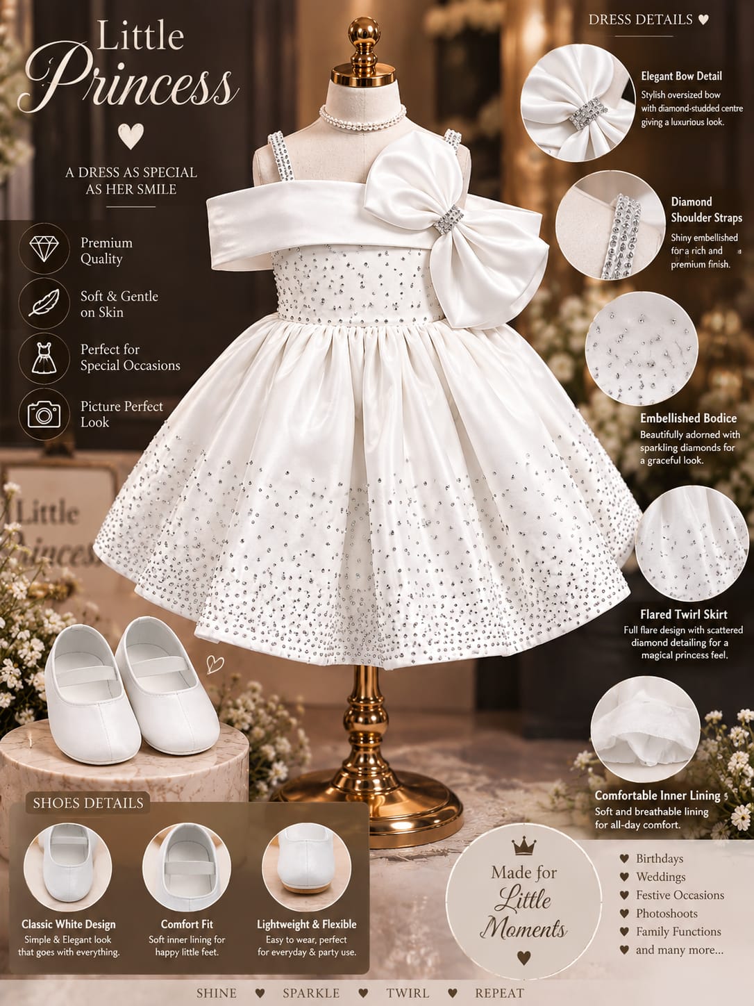 Girls Premium White Party Wear Frock | Satin Bow & Sparkle Detail Dress | Sizes 12–14