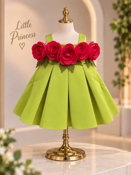 Girls Premium Lime Green Party Wear Frock | 3D Rose Flower Dress | Sizes 16–22