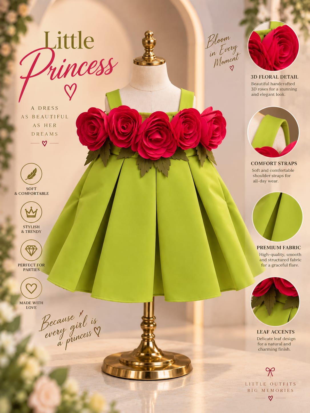 Girls Premium Lime Green Party Wear Frock | 3D Rose Flower Dress | Sizes 16–22