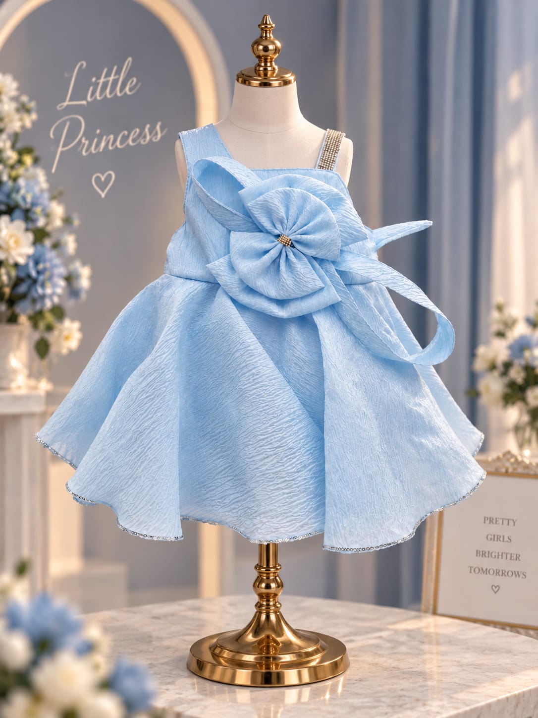 Girls Premium Sky Blue Party Wear Frock | Big Flower Bow Dress | Sizes 16–22