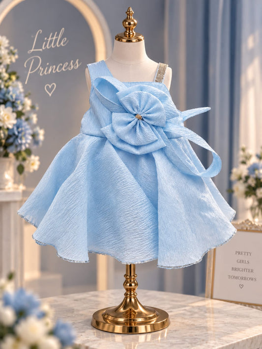 Girls Premium Sky Blue Party Wear Frock | Big Flower Bow Dress | Sizes 16–22