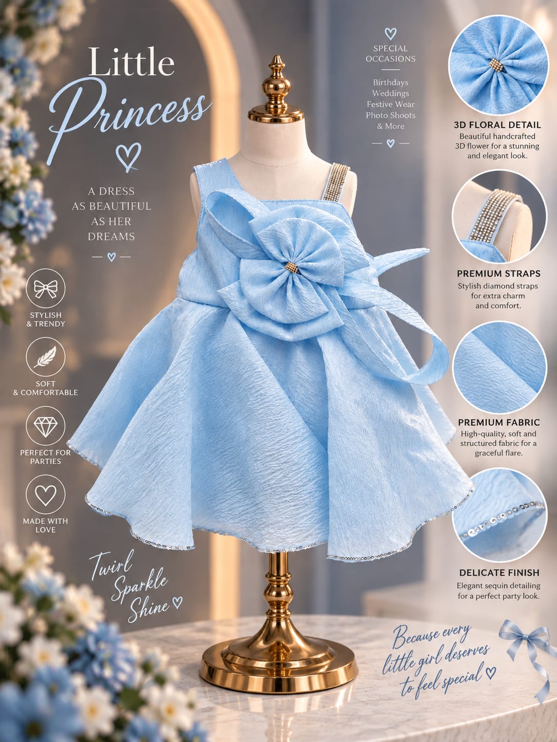 Girls Premium Sky Blue Party Wear Frock | Big Flower Bow Dress | Sizes 16–22