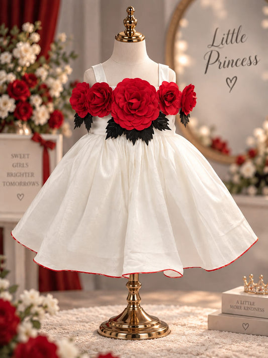 Girls Premium White & Red Floral Party Wear Frock | 3D Rose Flower Dress | Sizes 16–22