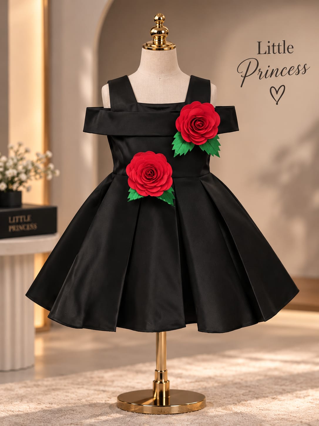 Girls Premium Black Party Wear Frock | Red Rose Floral Appliqué Dress | Sizes 16–22