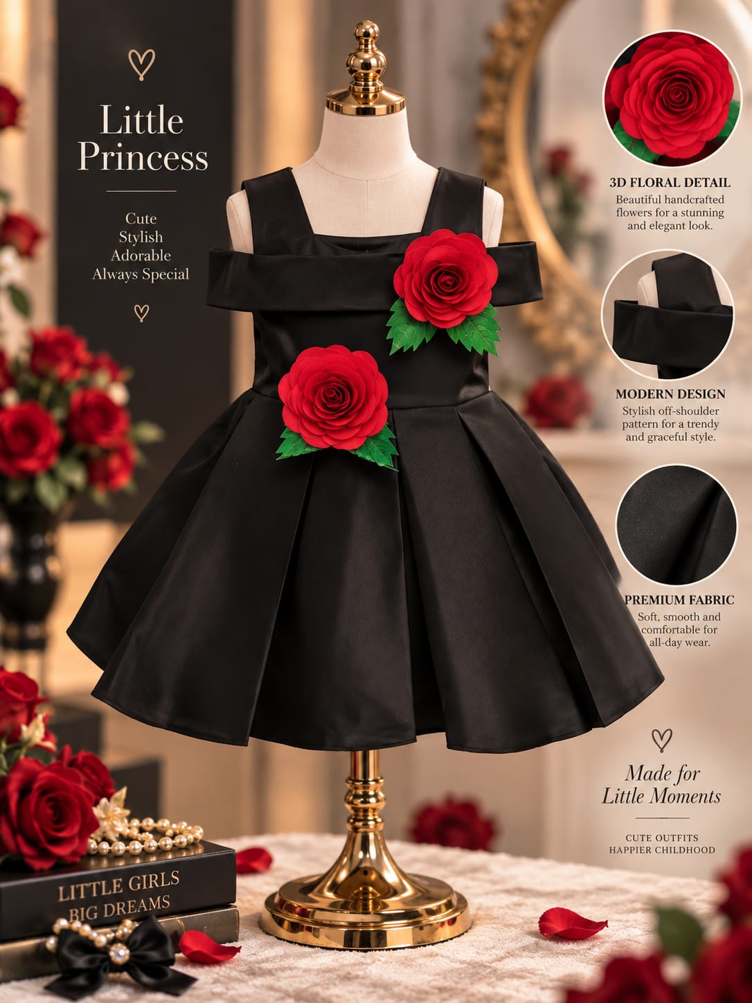 Girls Premium Black Party Wear Frock | Red Rose Floral Appliqué Dress | Sizes 16–22