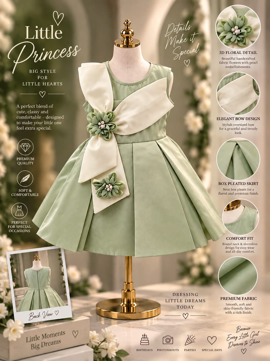 Girls Premium Green Party Wear Frock | Floral Bow Appliqué Princess Dress | Sizes 16–22
