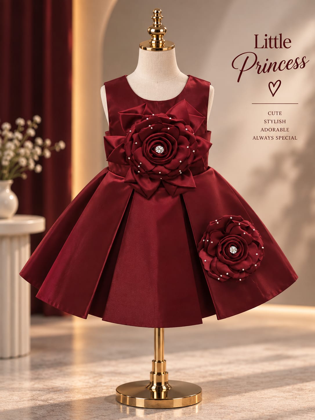 Girls Premium Maroon Party Wear Frock | 3D Floral & Pearl Work Princess Dress | Sizes 16–22