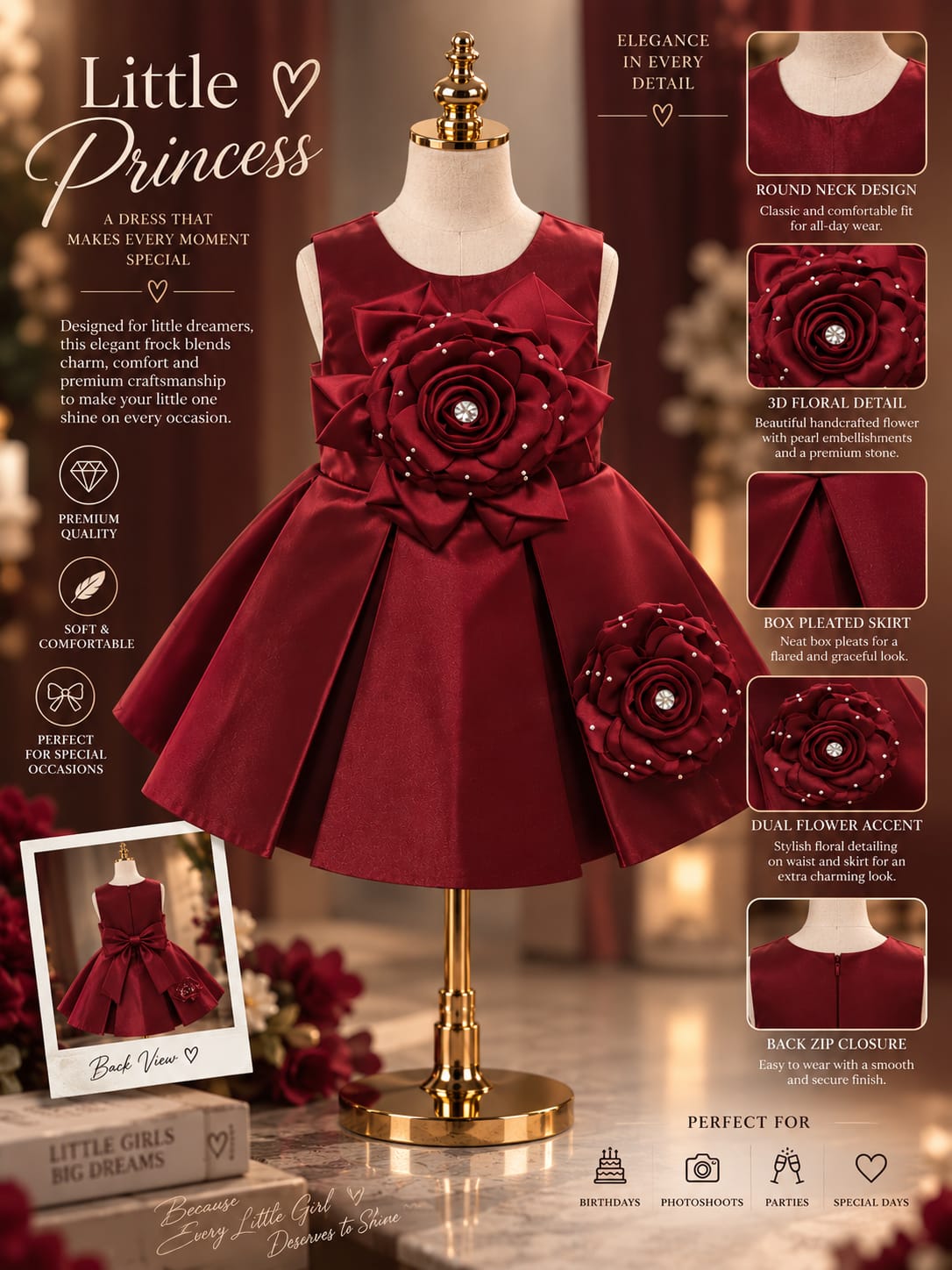 Girls Premium Maroon Party Wear Frock | 3D Floral & Pearl Work Princess Dress | Sizes 16–22