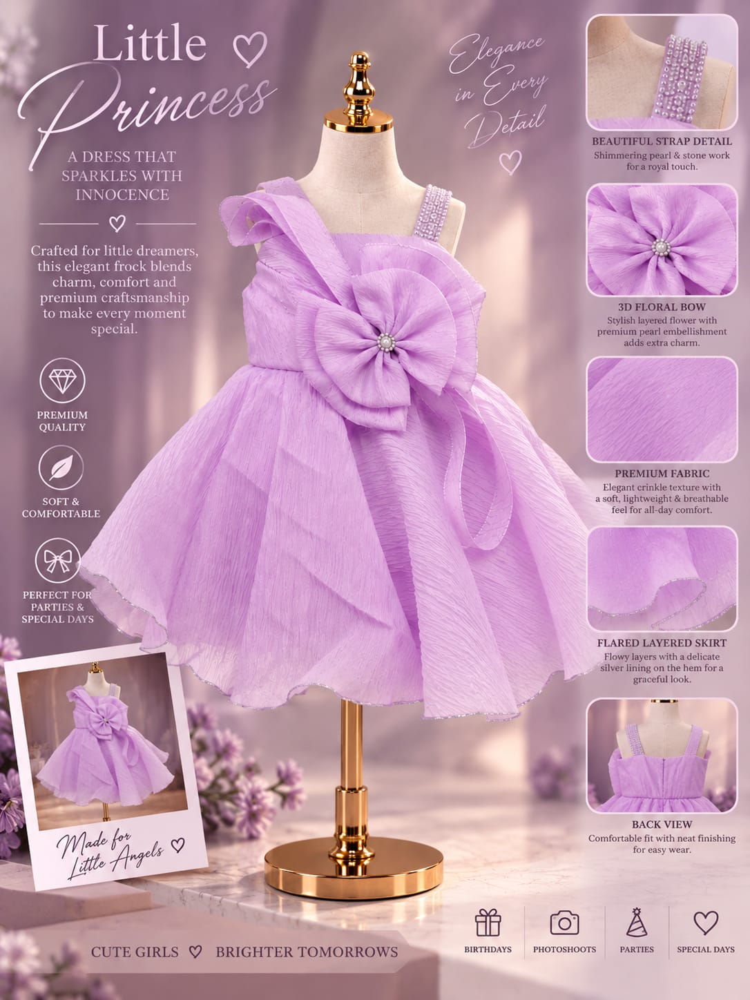 Girls Premium Lavender Party Wear Frock | Big Bow & Ruffle Princess Dress | Sizes 16–22