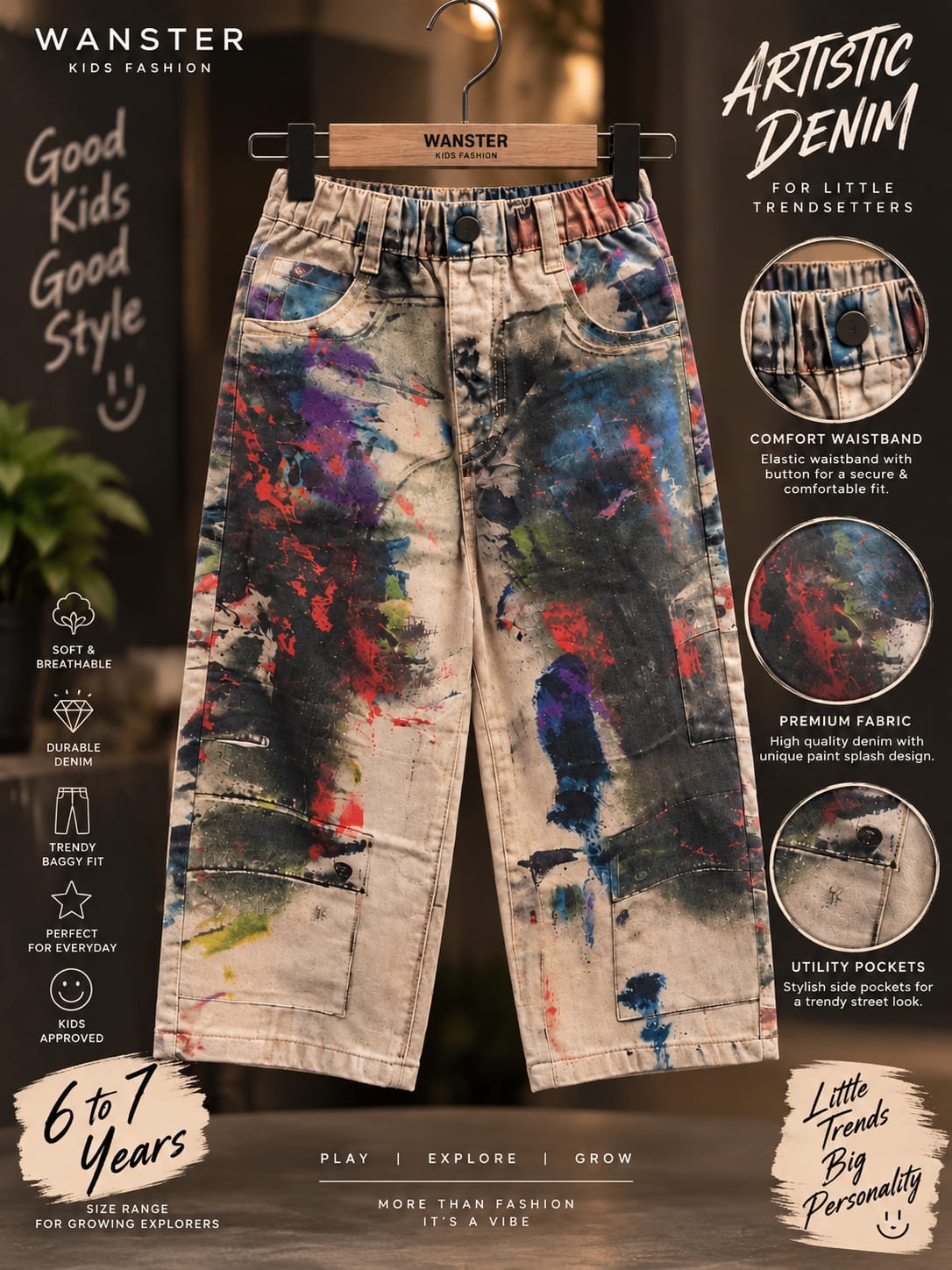 Boys Premium Printed Denim Jeans | Multicolour Paint Splash Design | Sizes 6–12 Years