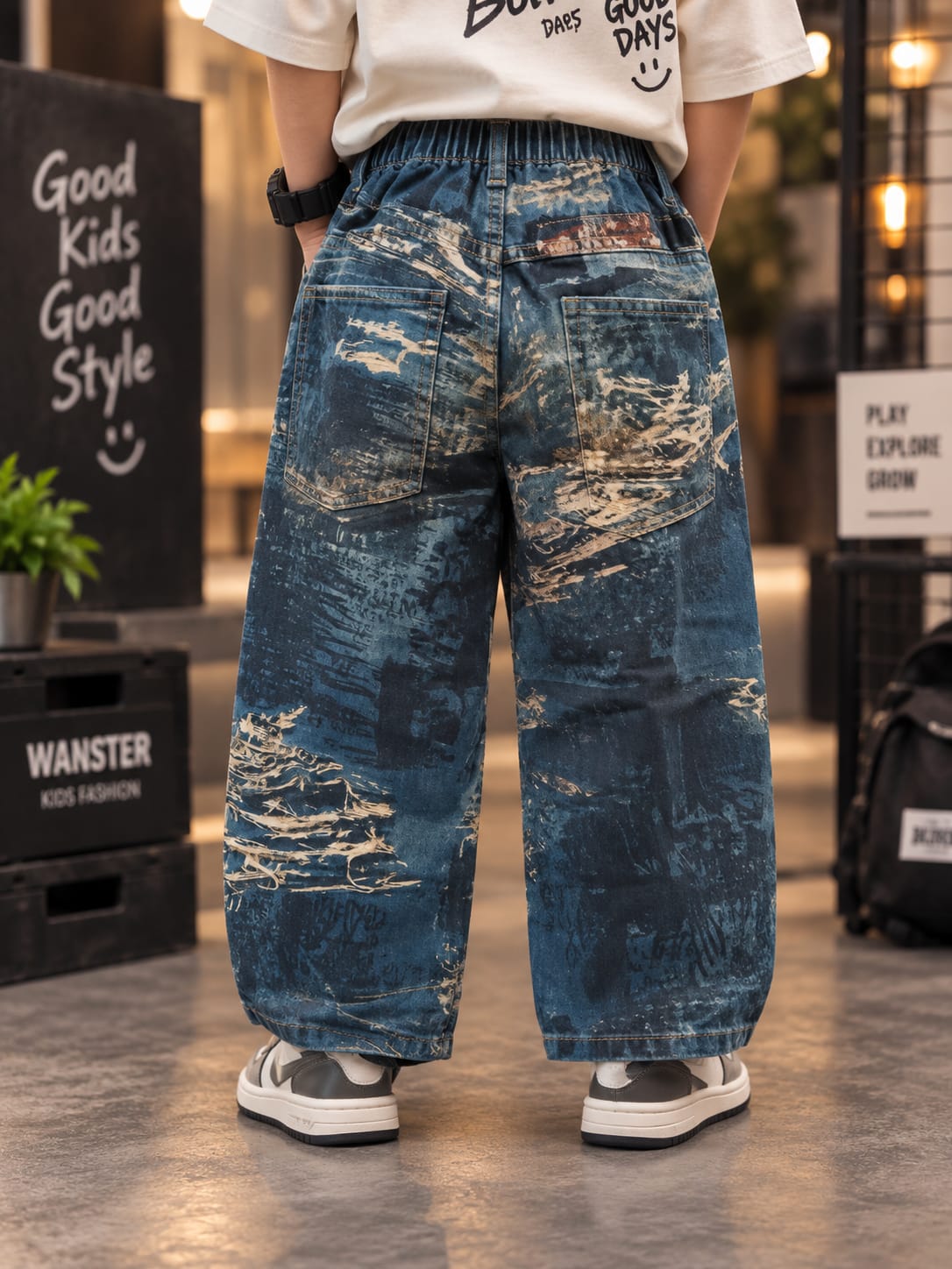 Boys Premium Baggy Denim Jeans | Blue Distressed Graphic Print Wide-Leg Jeans | Sizes 6–12 Years