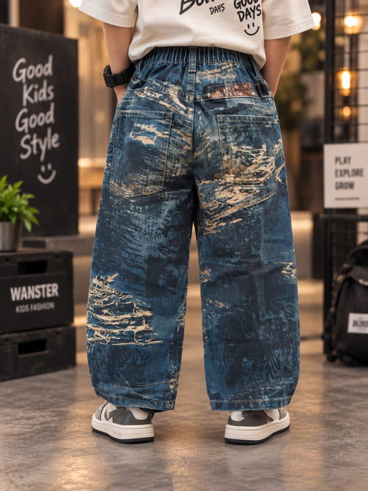 Boys Premium Baggy Denim Jeans | Blue Distressed Graphic Print Wide-Leg Jeans | Sizes 6–12 Years