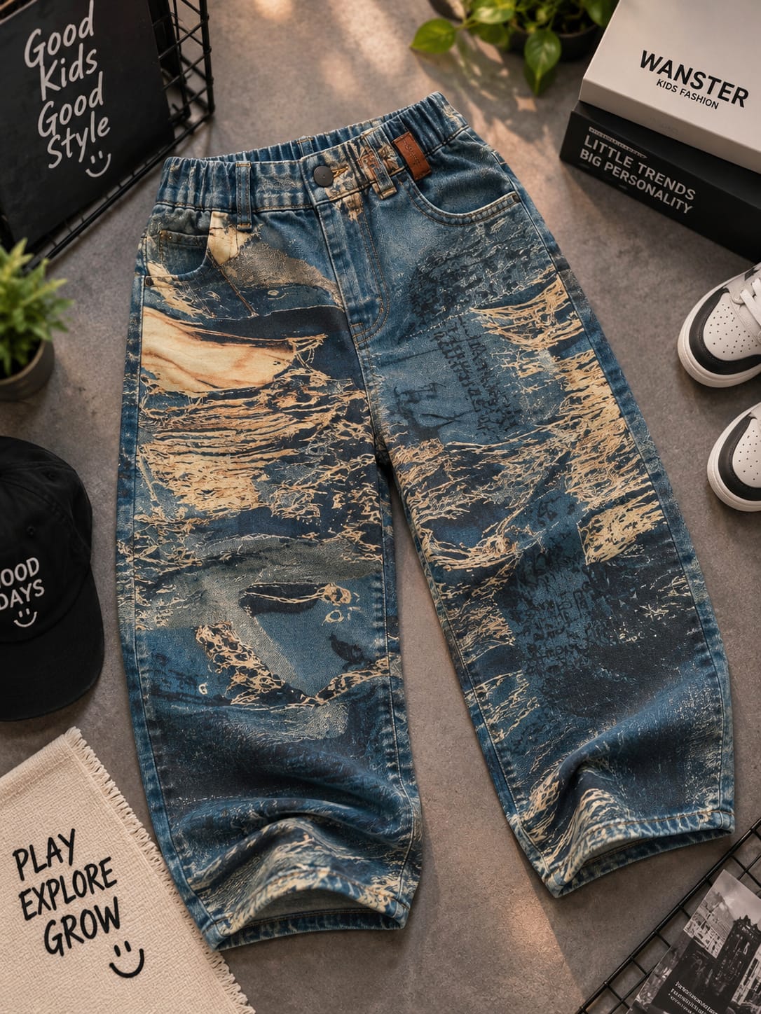 Boys Premium Baggy Denim Jeans | Blue Distressed Graphic Print Wide-Leg Jeans | Sizes 6–12 Years