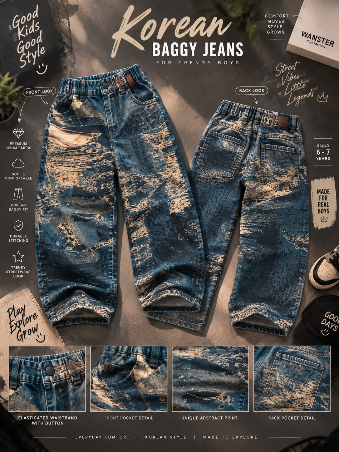 Boys Premium Baggy Denim Jeans | Blue Distressed Graphic Print Wide-Leg Jeans | Sizes 6–12 Years