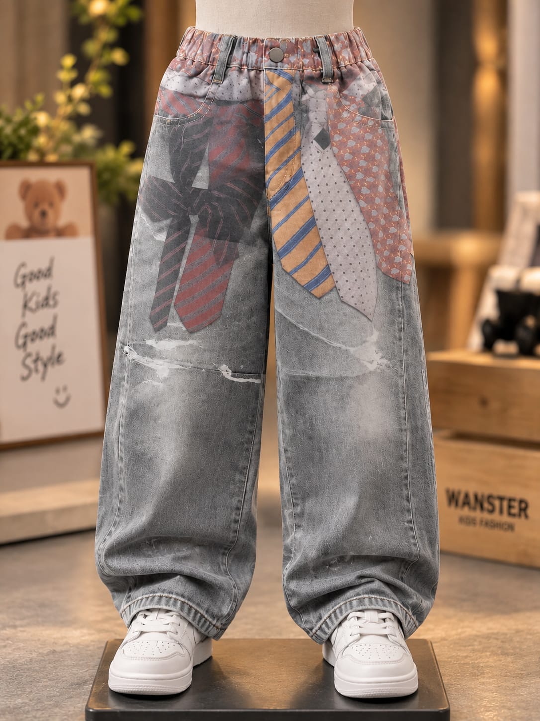 Boys Premium Grey Baggy Denim Jeans | Tie Print & Distressed Wash Design | Sizes 6–12 Years