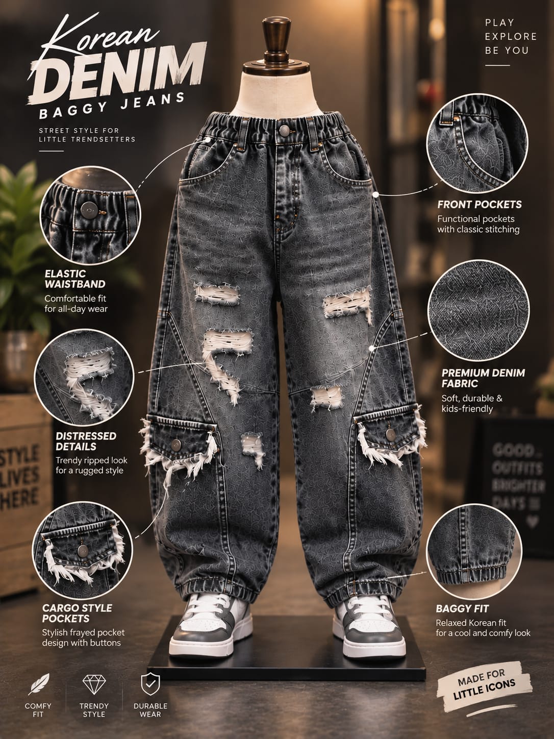 Boys Premium Black Baggy Cargo Denim Jeans | Distressed & Utility Pocket Style | Sizes 6–12 Years