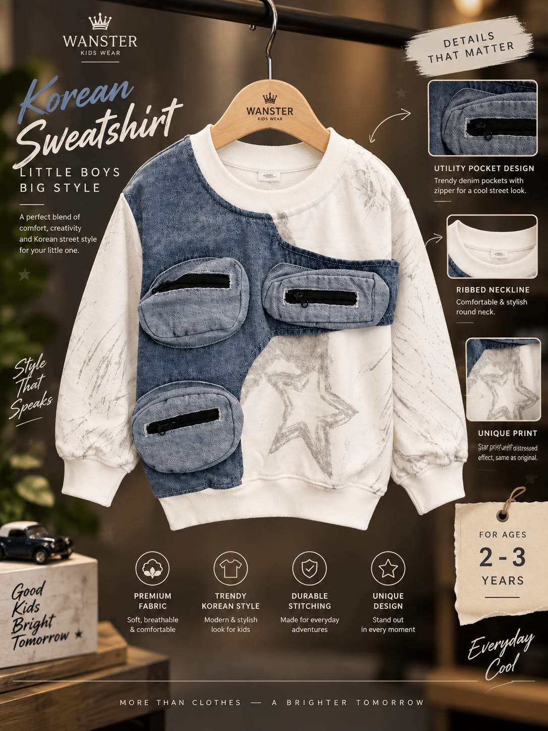 Boys Stylish Denim Pocket Sweatshirt | Trendy Casual Wear | Sizes 18–26