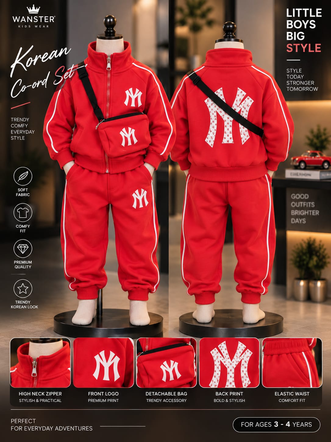 Boys Premium Red Tracksuit Set with Crossbody Bag | Stylish Casual Wear | Sizes 18–26
