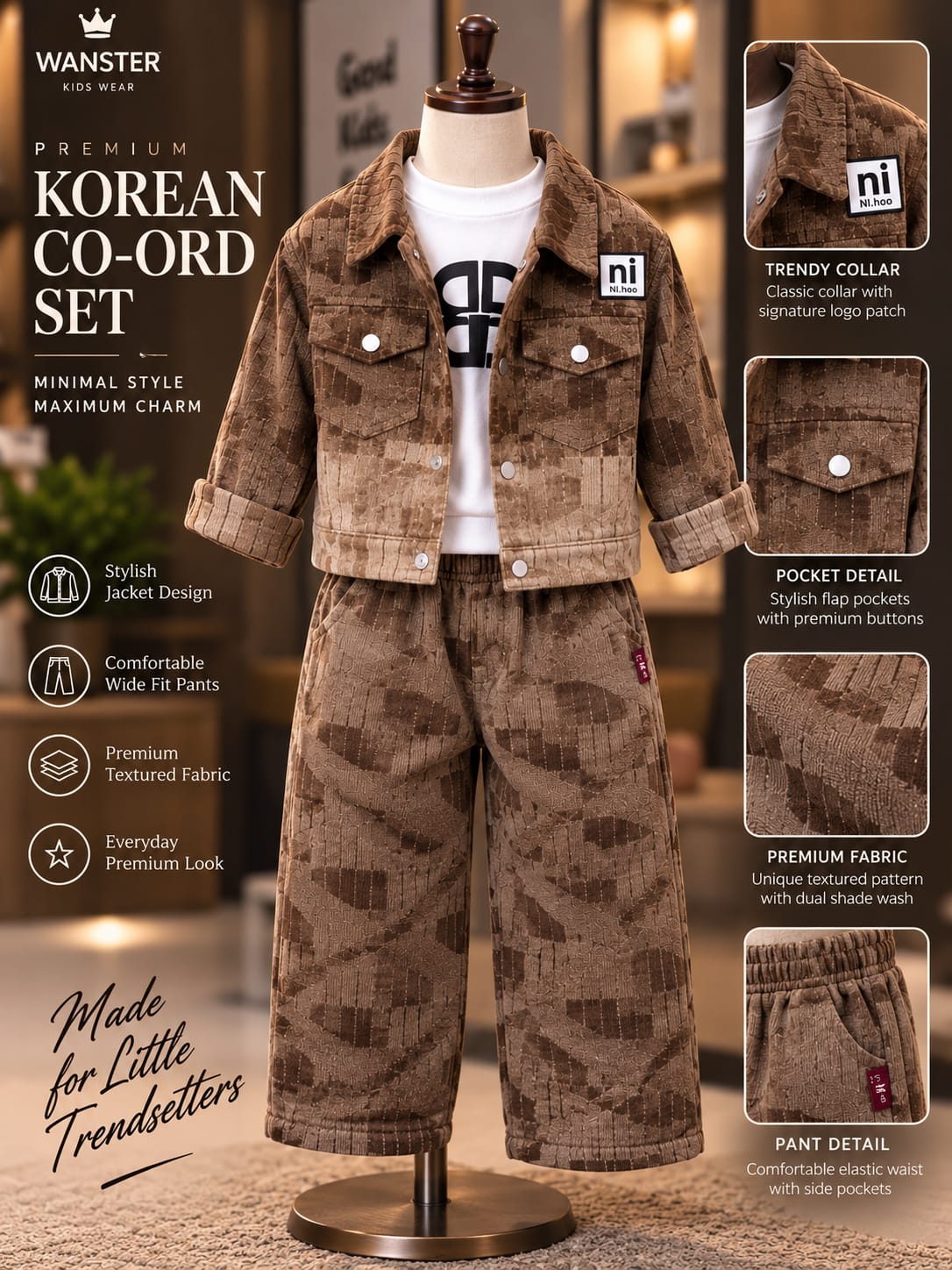 Boys Premium Brown Co-Ord Set with Jacket & Wide-Leg Pants | Stylish Casual Wear | Sizes 18–26