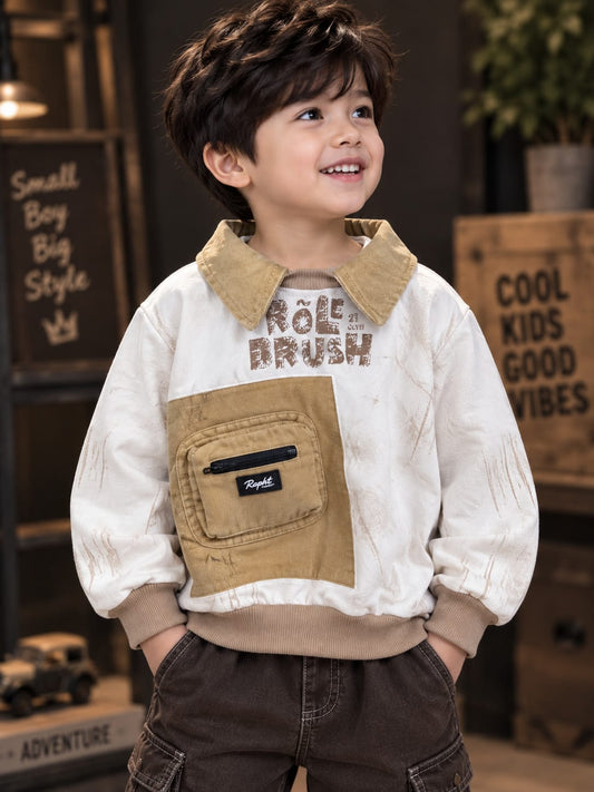 Boys Stylish Beige & White Pocket Sweatshirt | Trendy Casual Wear | Sizes 18–26