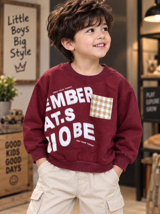 Boys Stylish Maroon Printed Sweatshirt with Checkered Pocket | Casual Kidswear | Sizes 6 Months–5 Years