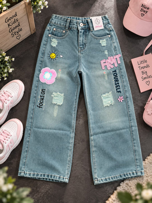 Girls Stylish Light Blue Vintage Wide Leg Denim Jeans with Cute Patches & Graphic Details | Trendy Kids Jeans | Sizes 24–36