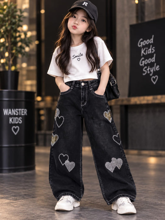 Girls Stylish Black Wide Leg Denim Jeans with Heart Embellishments | Trendy Kids Jeans | Sizes 24–36