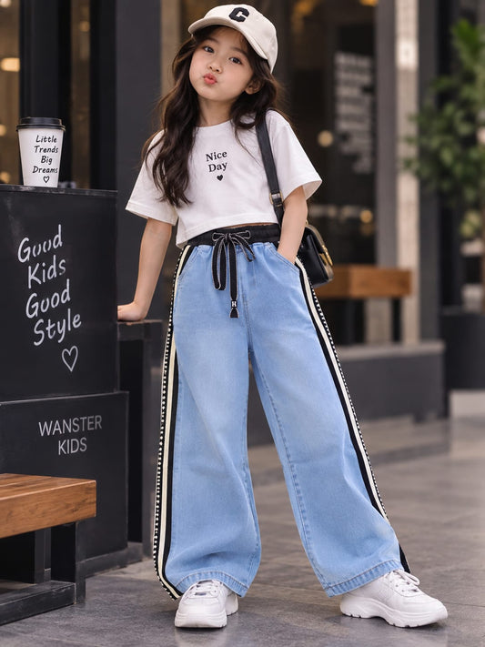 Girls Korean Style Light Blue Wide Leg Jeans with Contrast Side Stripes | Trendy Kids Denim | Sizes 20–30