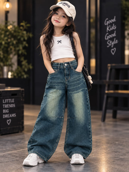 Girls Vintage Dark Blue Wide Leg Denim Jeans | Trendy Washed Relaxed Fit | Sizes 24–34