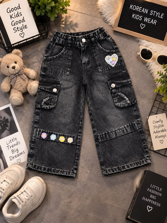 Girls Black Cargo Denim Jeans | Floral Pocket & Patchwork Detail | Wide Leg Fit | Sizes 18–24