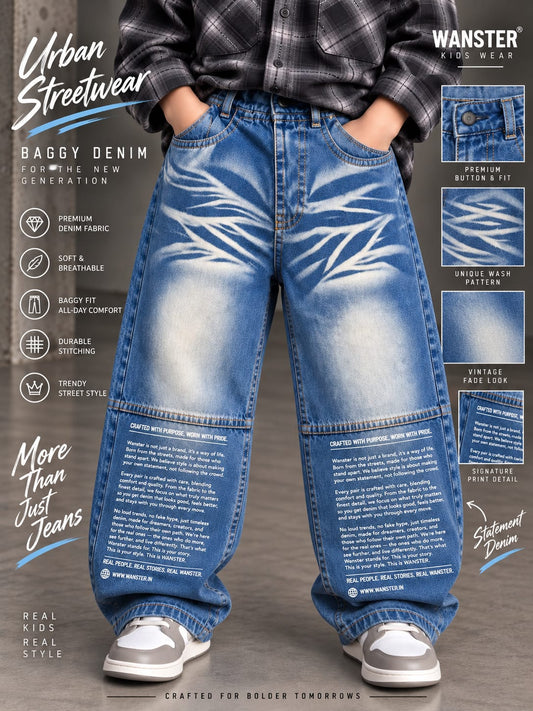 WANSTER Boys Baggy Fit Denim Jeans | Graphic Printed Wide Leg Jeans | Sizes 22–36