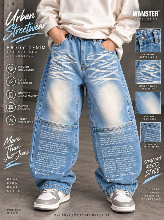 WANSTER Boys Baggy Fit Denim Jeans | Light Blue Printed Wide Leg Jeans | Sizes 22–36