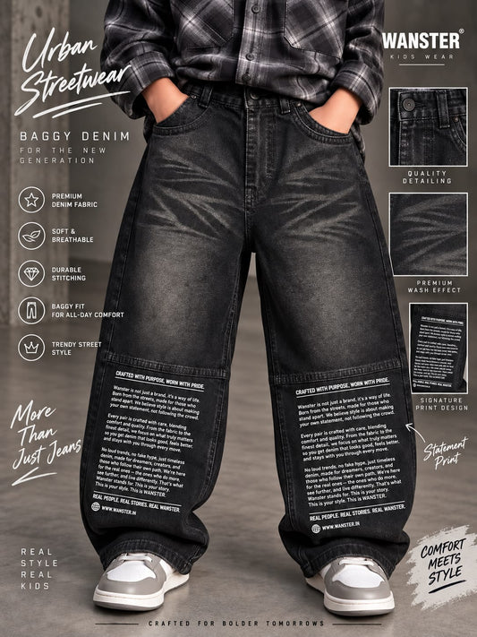 WANSTER Boys Black Baggy Fit Denim Jeans | Graphic Printed Wide Leg Jeans | Sizes 22–36