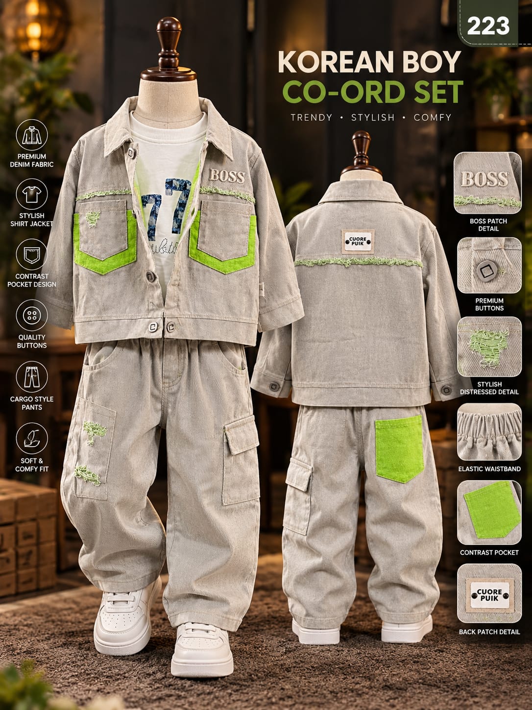 Boys Premium 3-Piece Cargo Co-Ord Set | Stylish Jacket, T-Shirt & Cargo Pants | Sizes 18–36