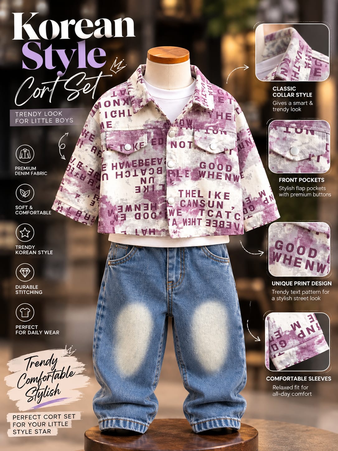 Boys Korean Style Printed Denim Jacket with Baggy Jeans | Trendy Casual Outfit | Sizes 18–26