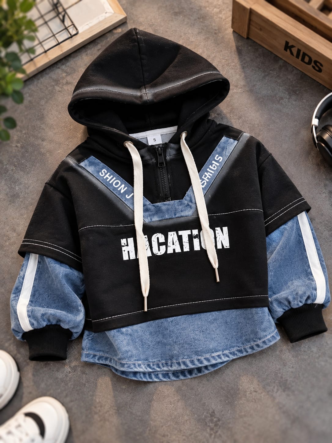 Boys Premium Korean Style Hoodie Sweatshirt | Denim Layered Look | Stylish Casual Wear | Sizes 18–26