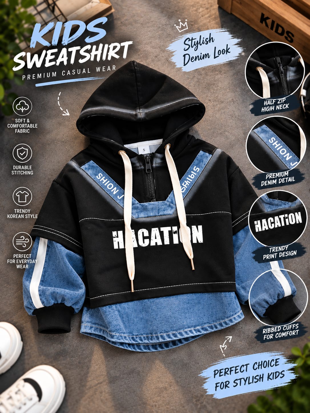 Boys Premium Korean Style Hoodie Sweatshirt | Denim Layered Look | Stylish Casual Wear | Sizes 18–26