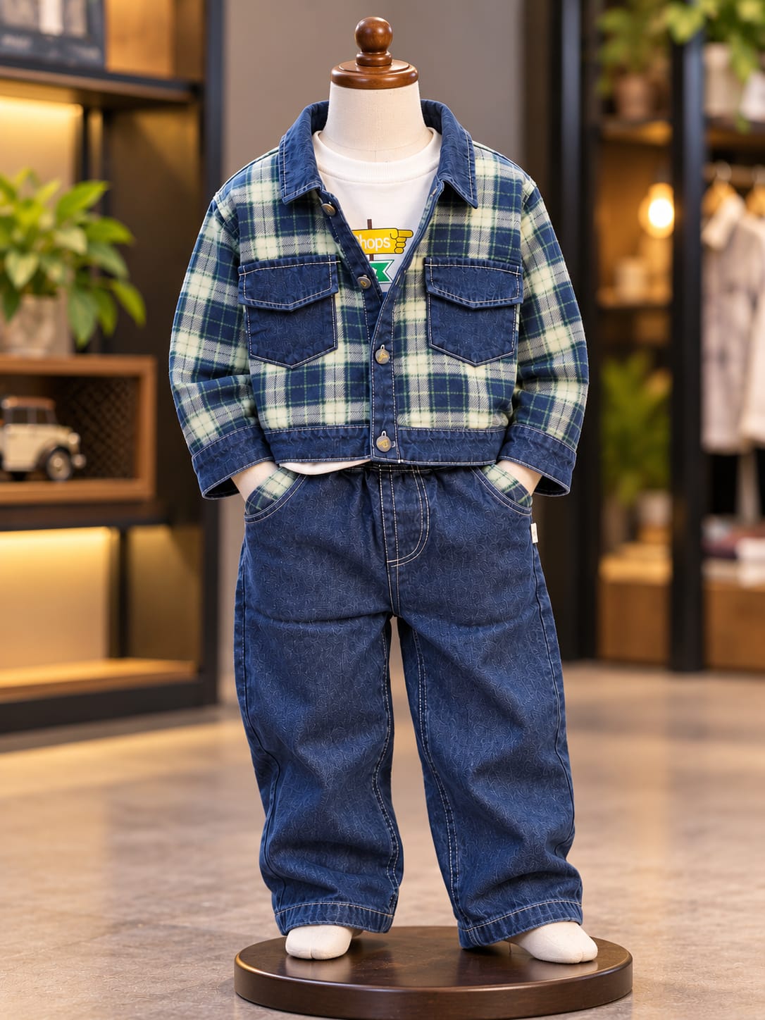 Boys Stylish Denim 3-Piece Co-Ord Set | Checkered Jacket, T-Shirt & Baggy Pants | Trendy Kidswear | Sizes 18–26