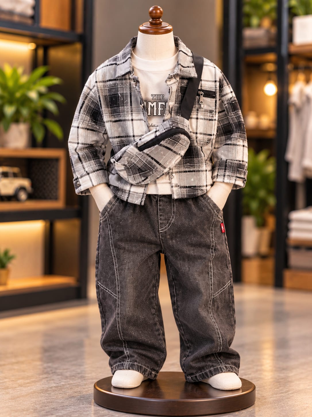 Boys Stylish 3-Piece Checkered Co-Ord Set | Jacket, T-Shirt & Baggy Pants | Casual Kidswear | Sizes 18–26