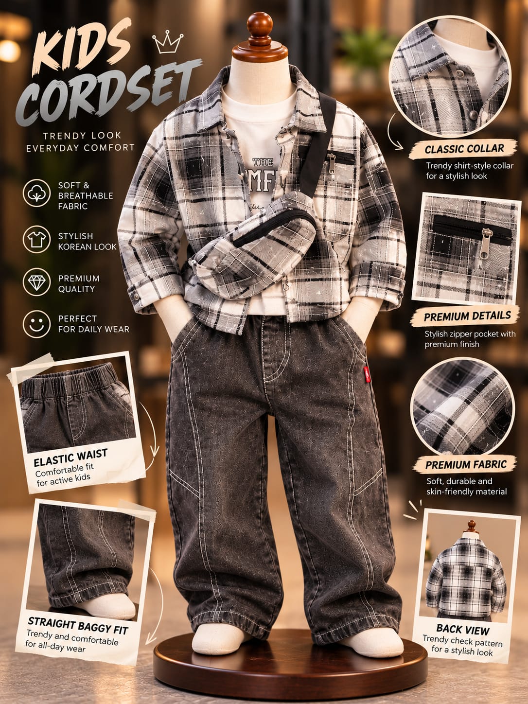 Boys Stylish 3-Piece Checkered Co-Ord Set | Jacket, T-Shirt & Baggy Pants | Casual Kidswear | Sizes 18–26