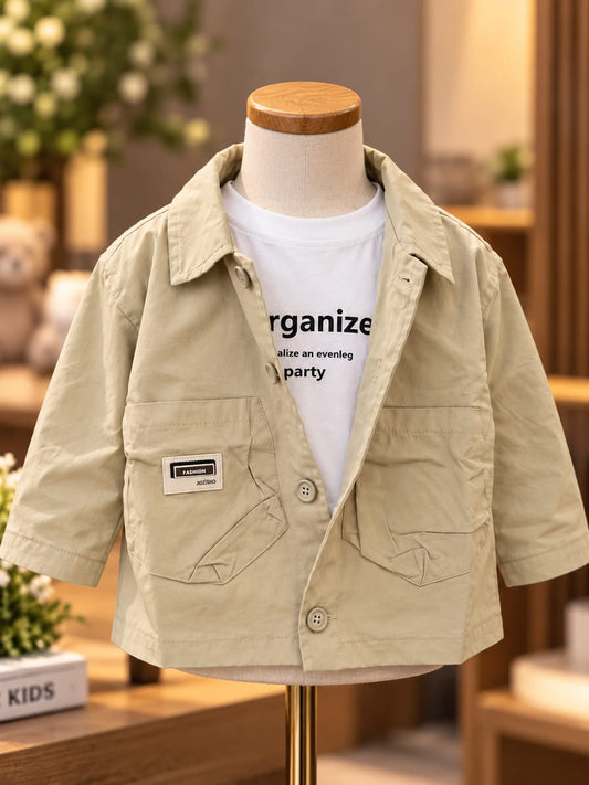 Boys Stylish Beige Utility Jacket | Casual Kidswear | Front Pocket Design | Sizes 18–26