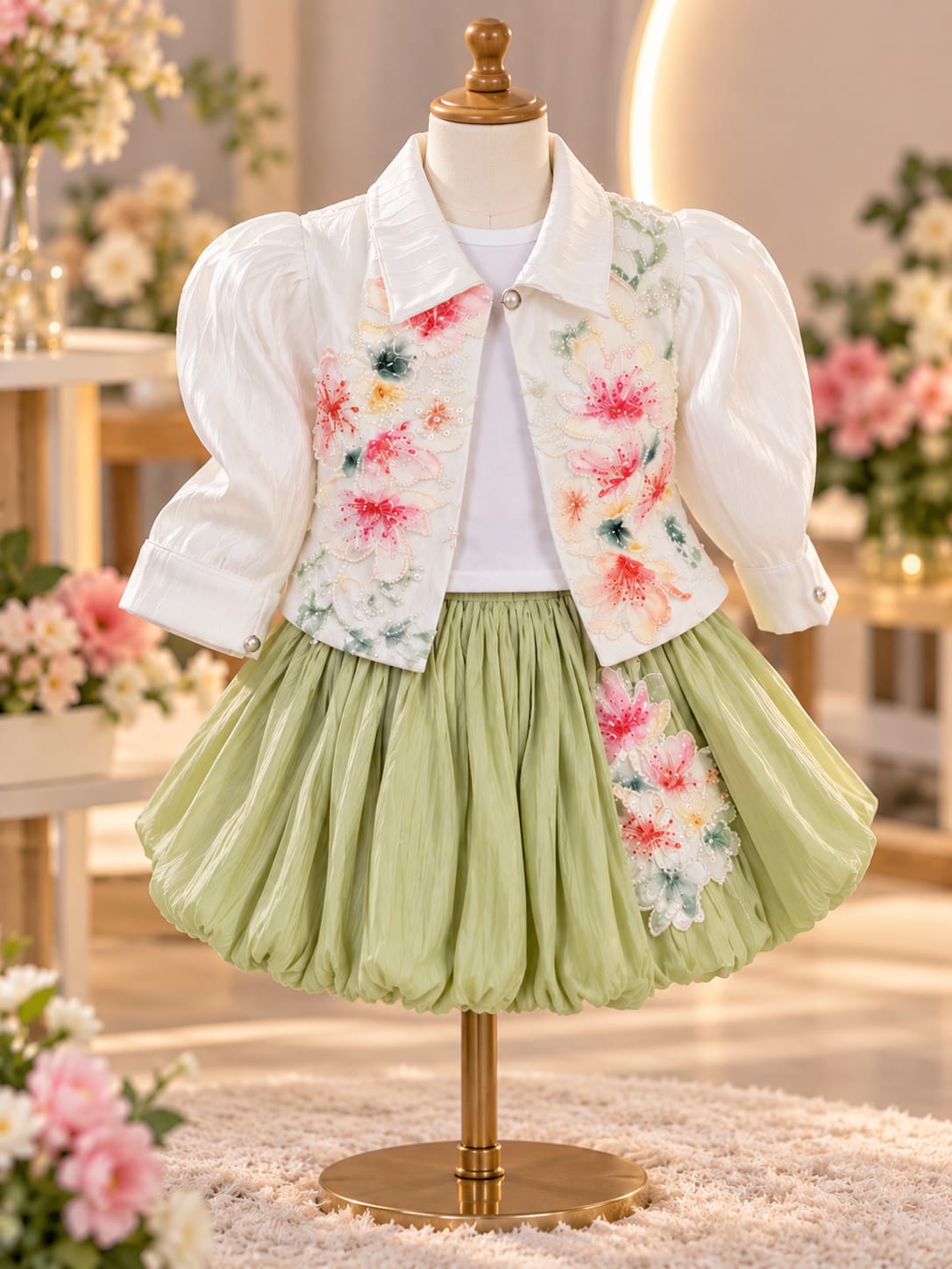 Girls Floral 3-Piece Co-Ord Set | Embroidered Jacket, Top & Skirt | Stylish Party Wear | Sizes 18–24