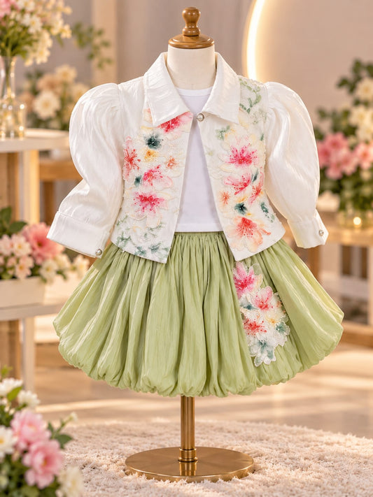 Girls Floral 3-Piece Co-Ord Set | Embroidered Jacket, Top & Skirt | Stylish Party Wear | Sizes 18–24