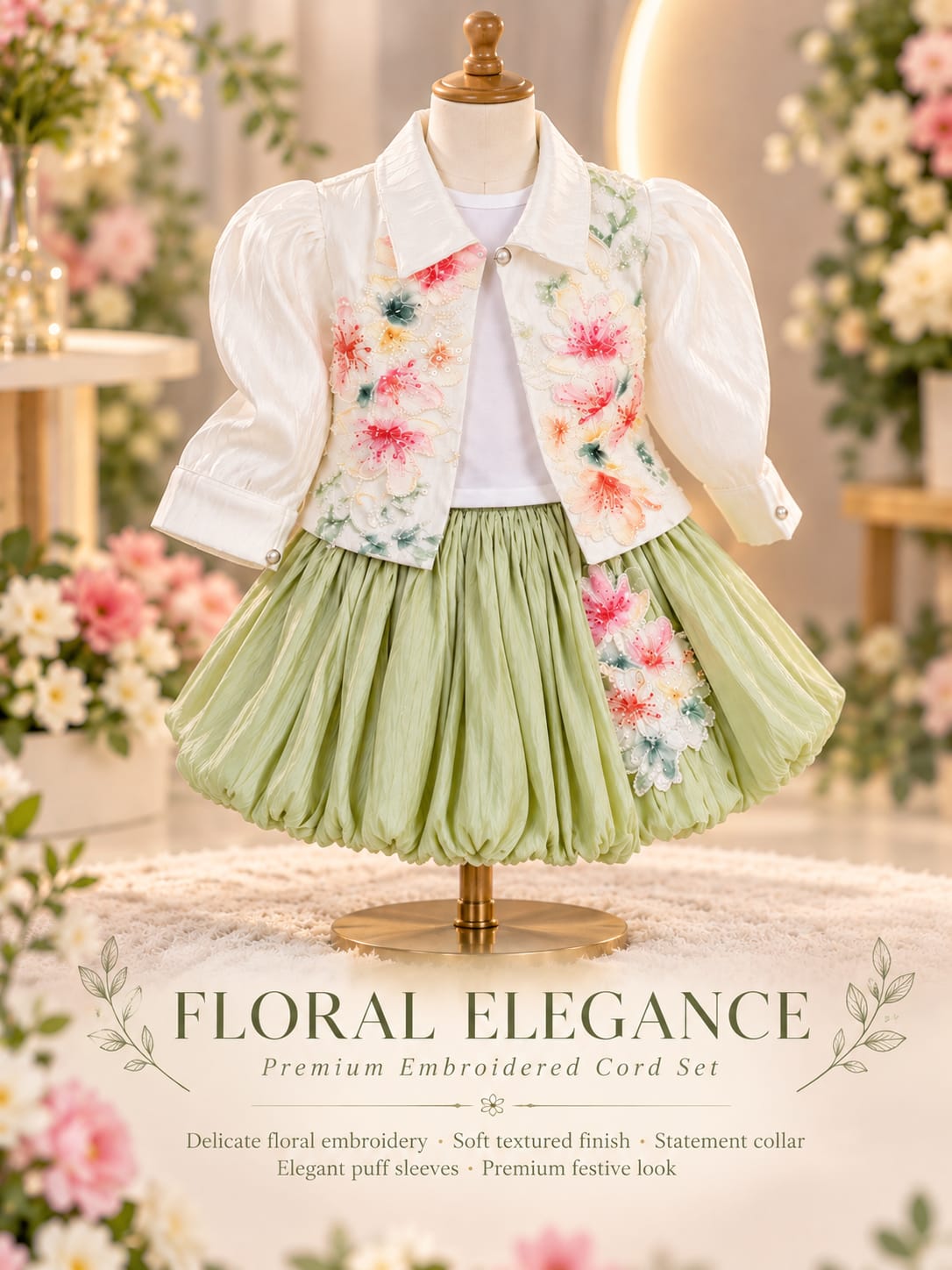 Girls Floral 3-Piece Co-Ord Set | Embroidered Jacket, Top & Skirt | Stylish Party Wear | Sizes 18–24