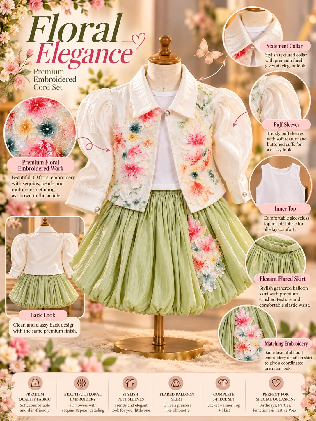 Girls Floral 3-Piece Co-Ord Set | Embroidered Jacket, Top & Skirt | Stylish Party Wear | Sizes 18–24