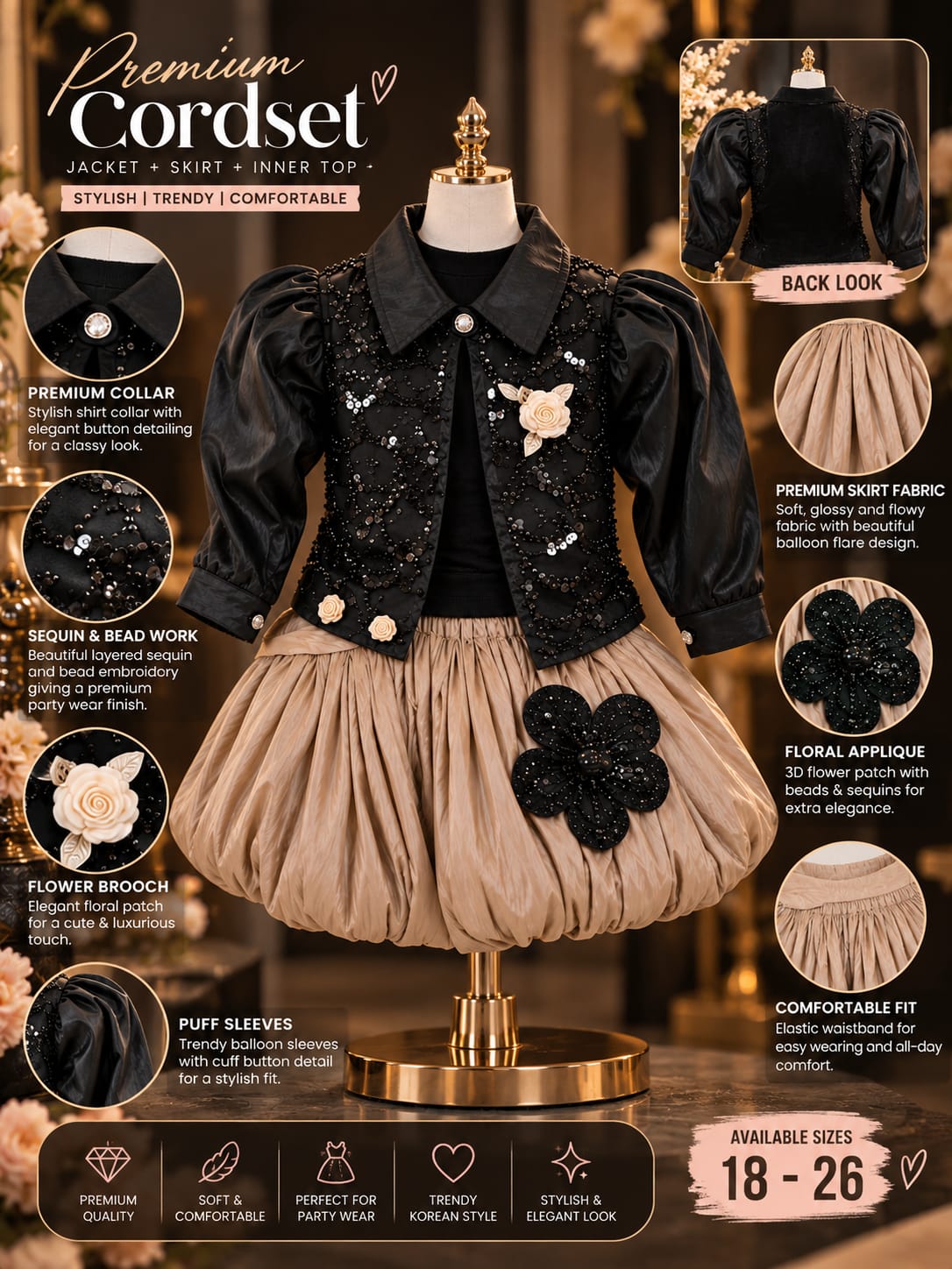 Girls Stylish Partywear 2-Piece Set | Embellished Jacket & Bubble Skirt | Elegant Kids Dress | Sizes 18–24