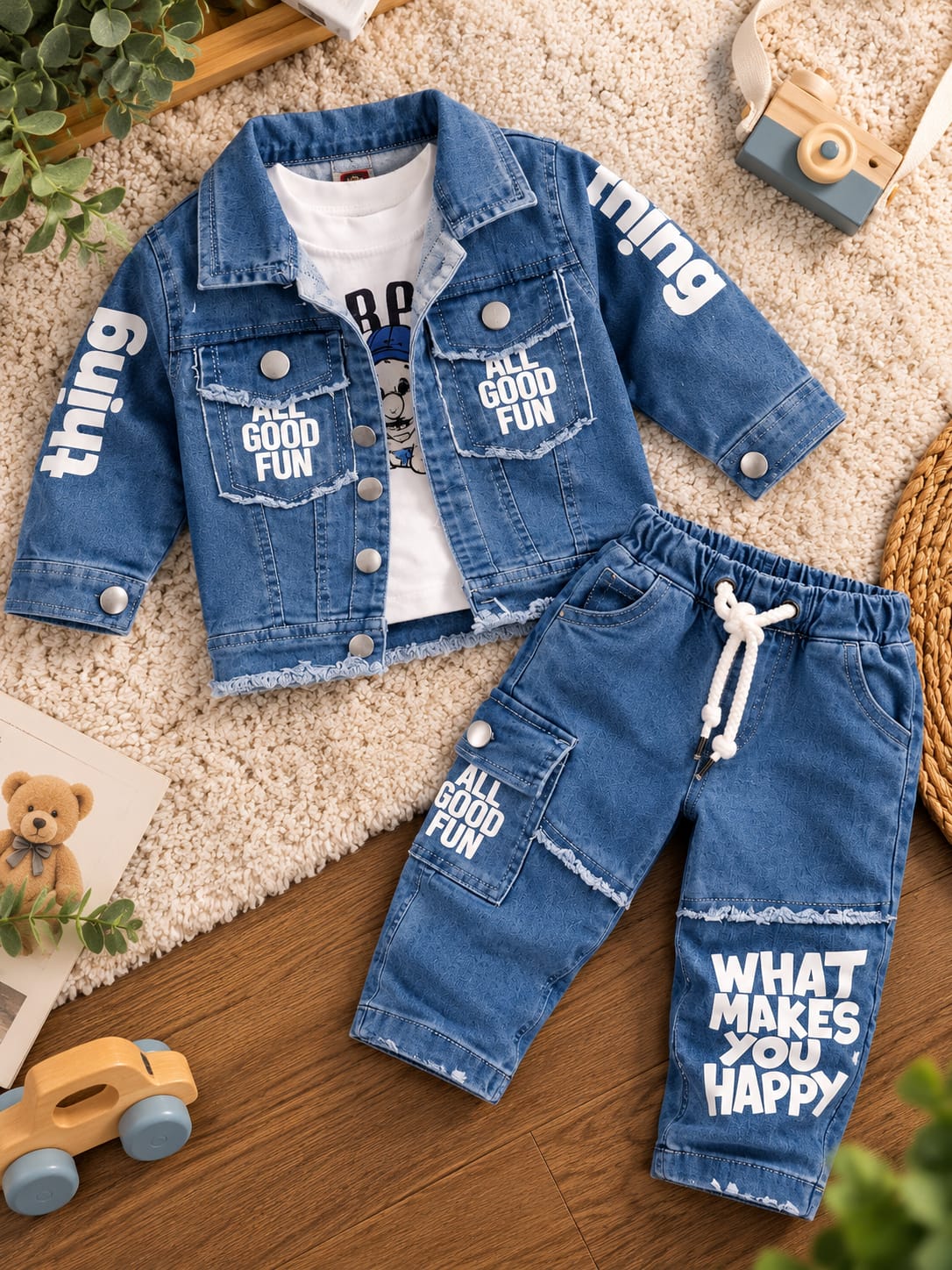 Baby Boys Denim 3-Piece Set | Denim Jacket, T-Shirt & Cargo Pants | Stylish Casual Wear | Sizes 0–12 Months