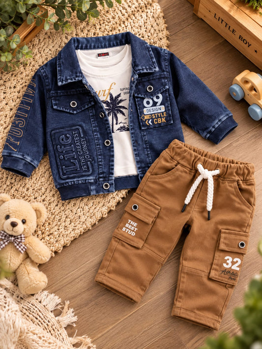 Baby Boys Stylish Denim 3-Piece Set | Denim Jacket, T-Shirt & Cargo Pants | Trendy Casual Wear | Sizes 0–12 Months