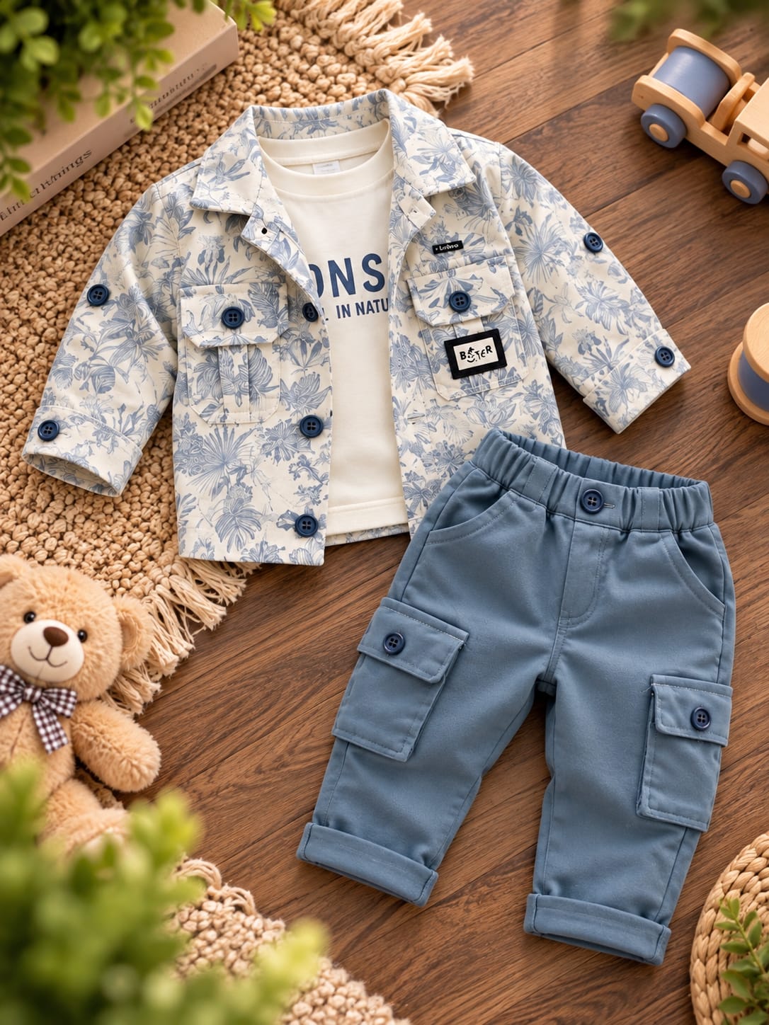 Baby Boys Stylish 3-Piece Set | Printed Jacket, T-Shirt & Cargo Pants | Trendy Casual Wear | Sizes 0–12 Months