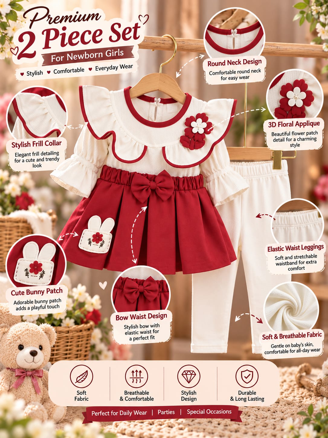Baby Girls 2-Piece Floral Set | Ruffle Top & Full Pants | Cute Partywear Outfit | Sizes 0–9 Months